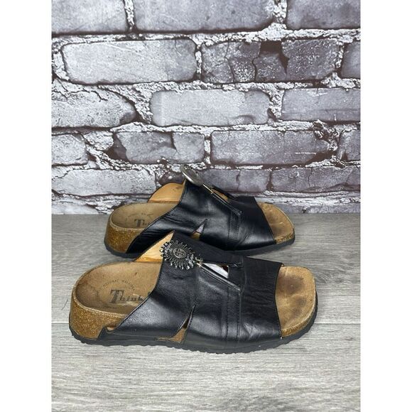 Think! Black Leather Cork Sun Moon Silver Wedge Sandals Women Sz 37EU/6.5M US - Picture 5 of 16